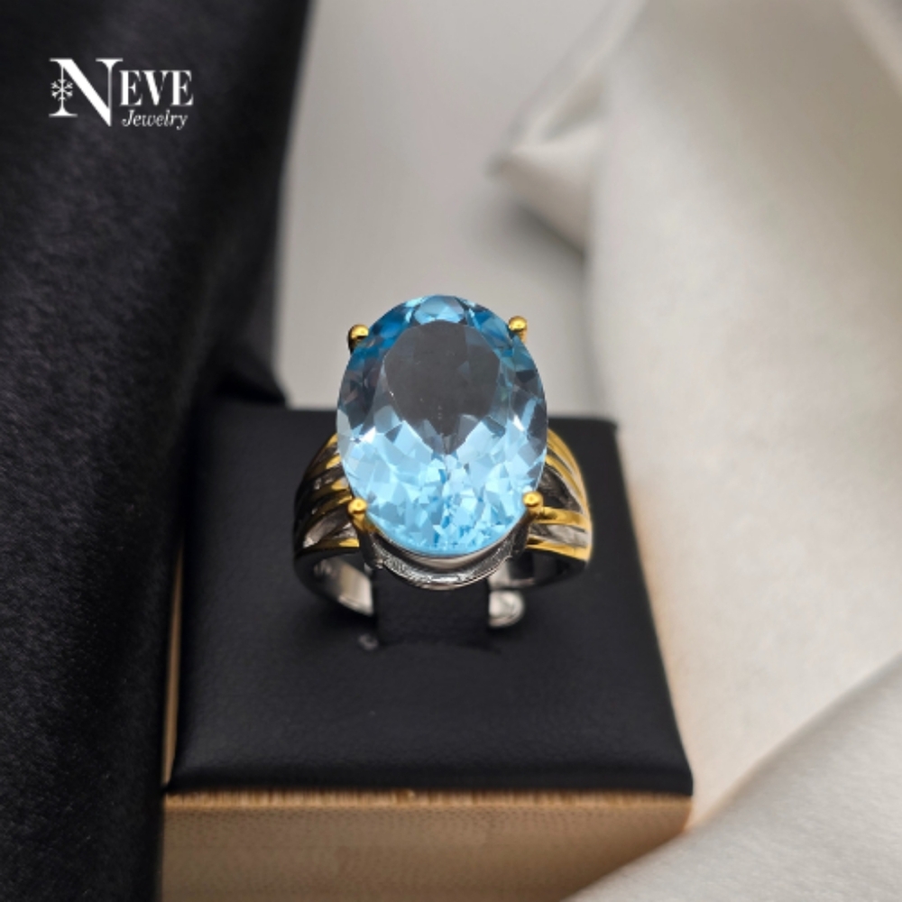 Two Tone Sterling Silver 925 Statement Natural Blue Topaz Luxury Ring